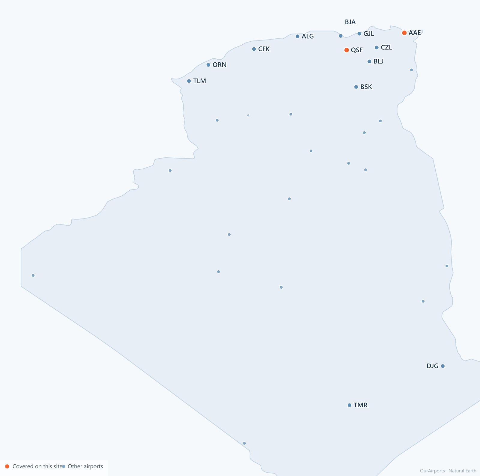 Algeria airport distribution map: 31 scheduled airports