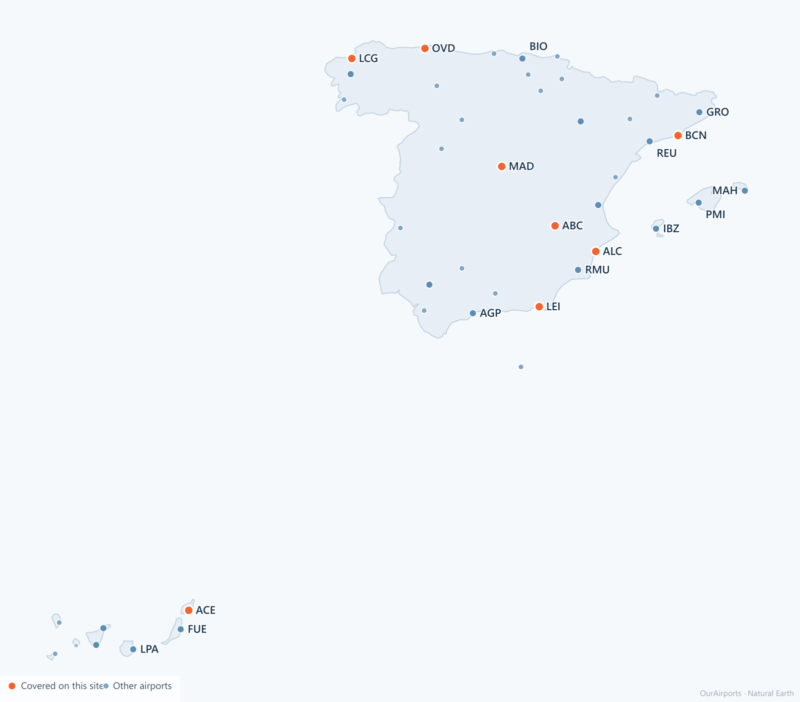 Spain airport distribution map: 44 scheduled airports