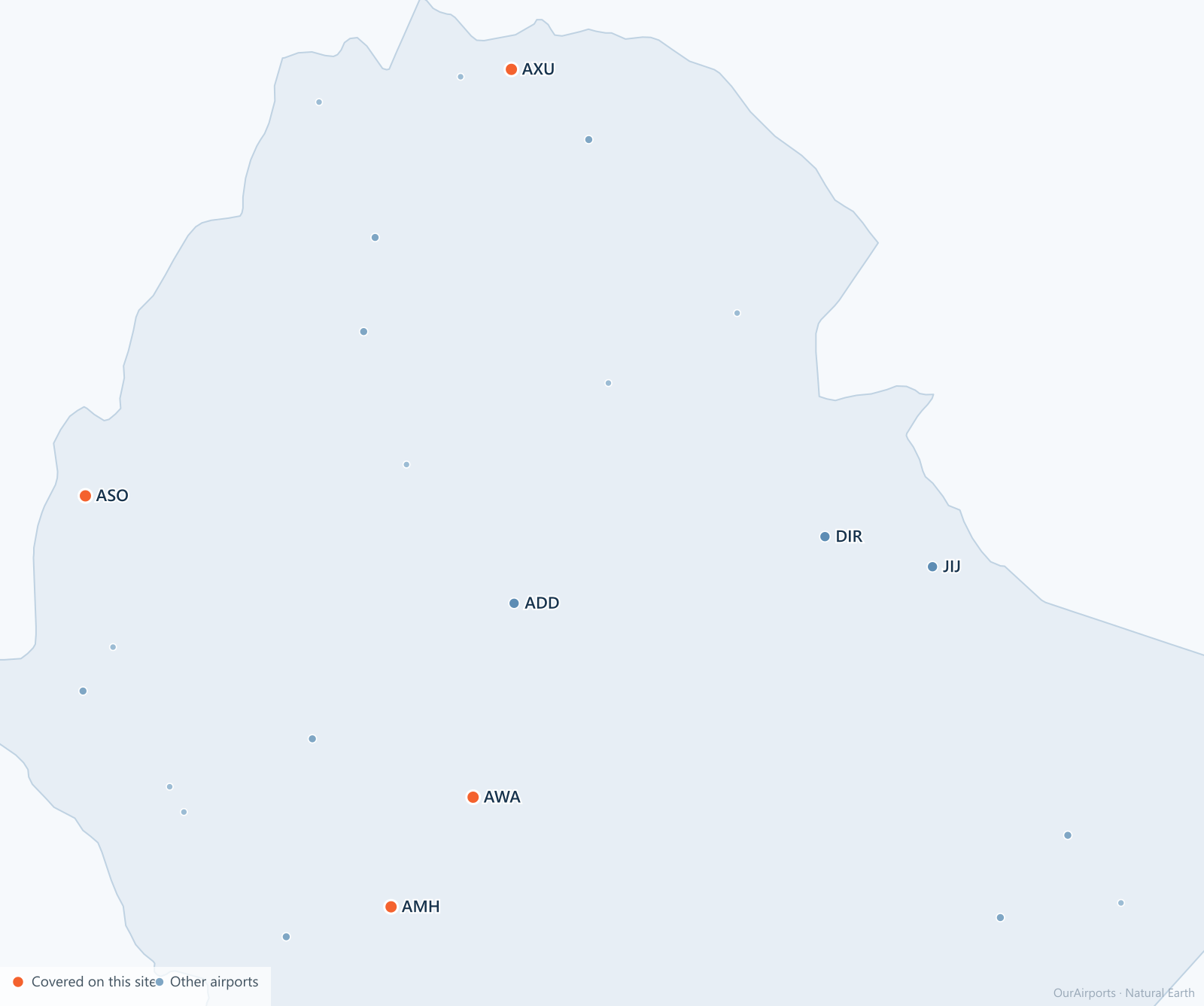 Ethiopia airport distribution map: 24 scheduled airports