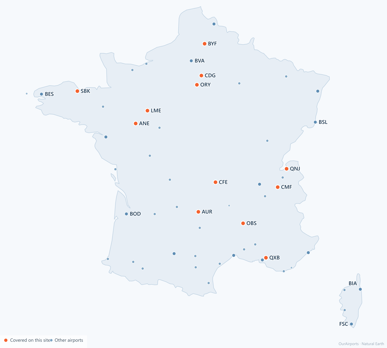 France airport distribution map: 56 scheduled airports
