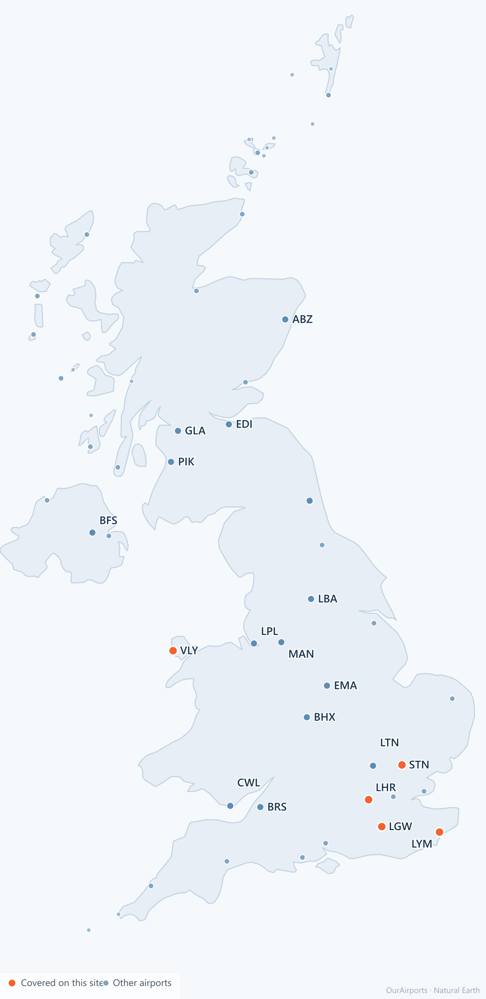 United Kingdom airport distribution map: 55 scheduled airports