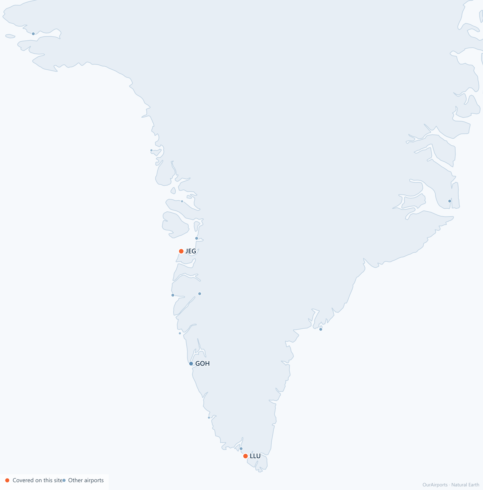 Greenland airport distribution map: 14 scheduled airports