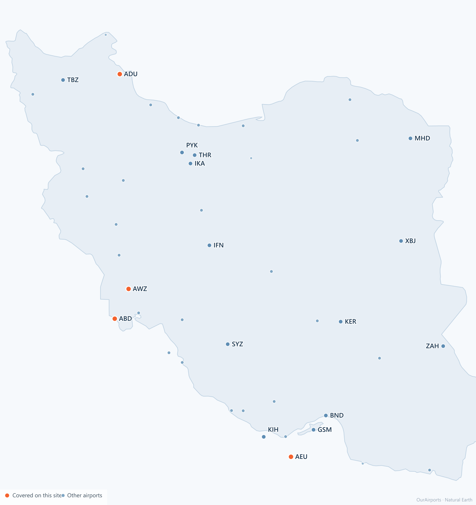 Iran airport distribution map: 45 scheduled airports