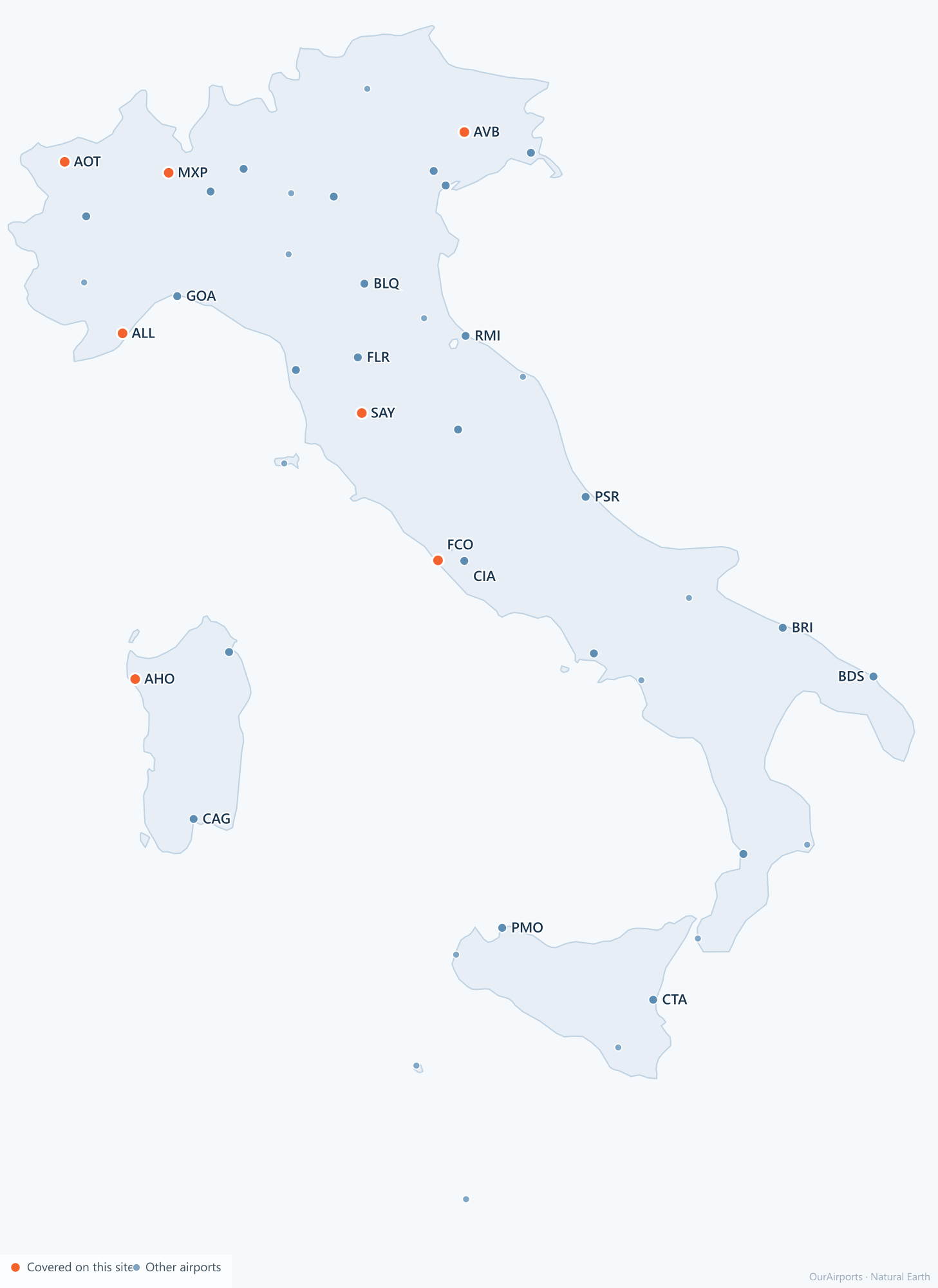 Italy airport distribution map: 45 scheduled airports