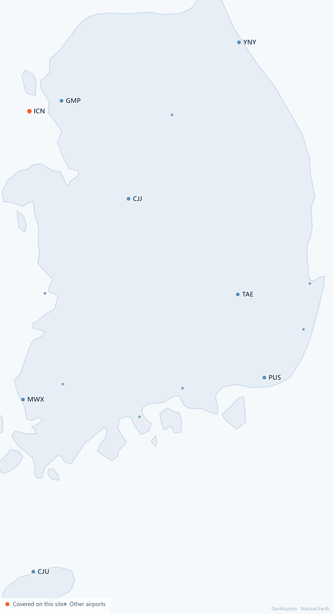 South Korea airport distribution map: 15 scheduled airports