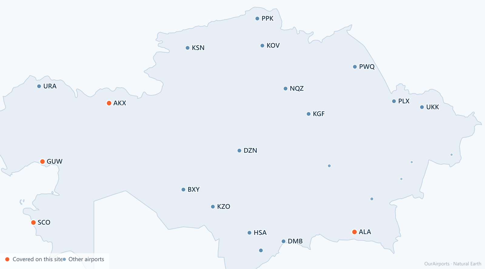 Kazakhstan airport distribution map: 24 scheduled airports