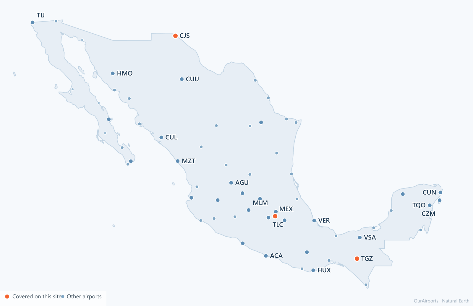 Mexico airport distribution map: 63 scheduled airports