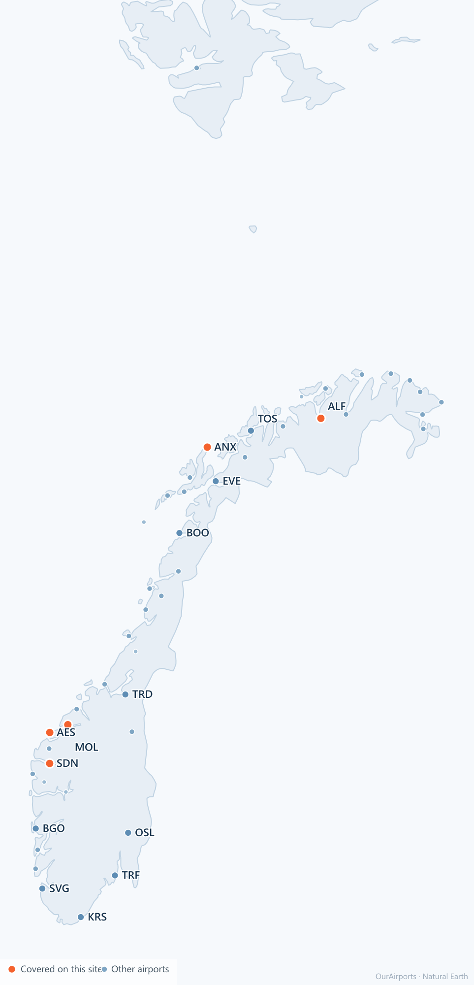 Norway airport distribution map: 46 scheduled airports