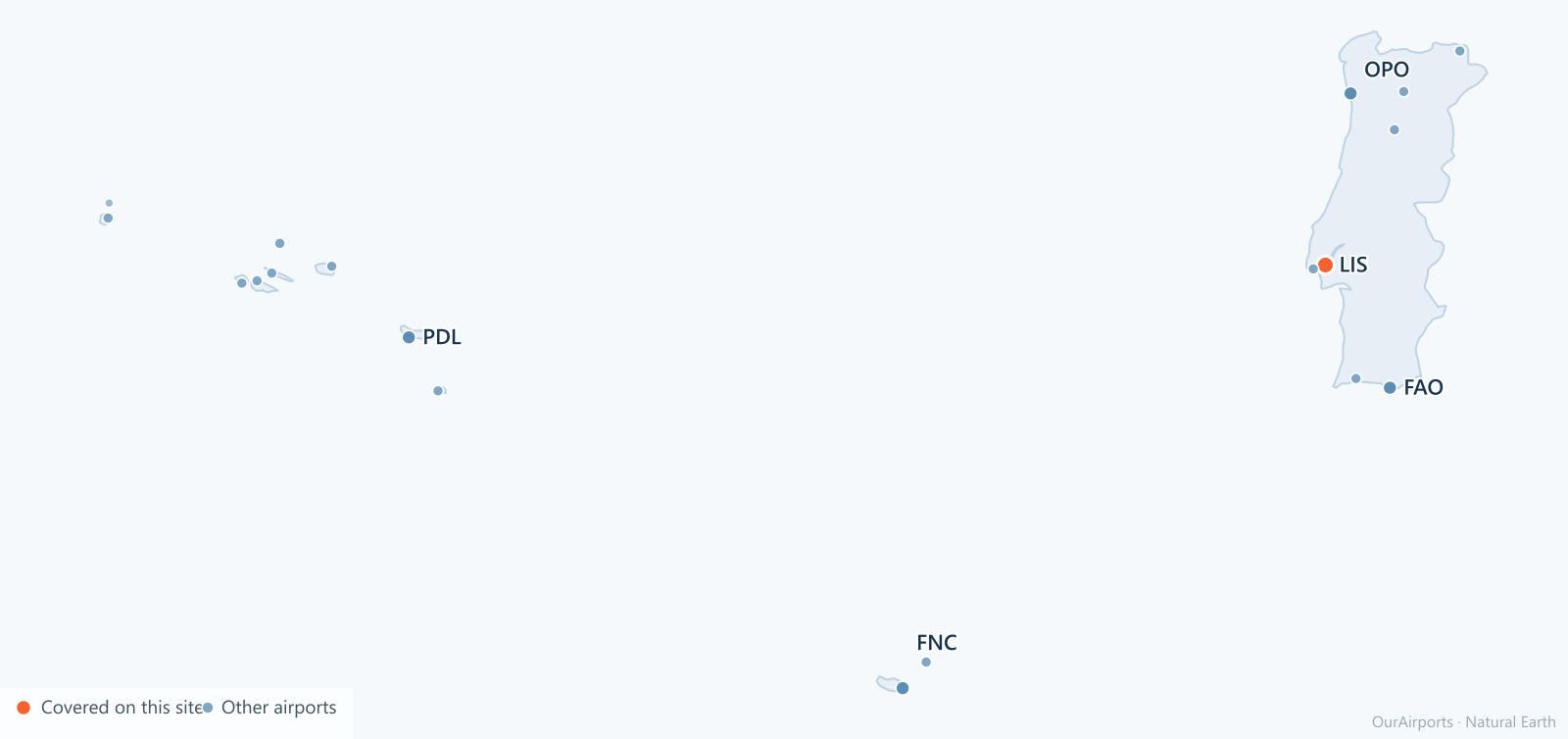 Portugal airport distribution map: 19 scheduled airports