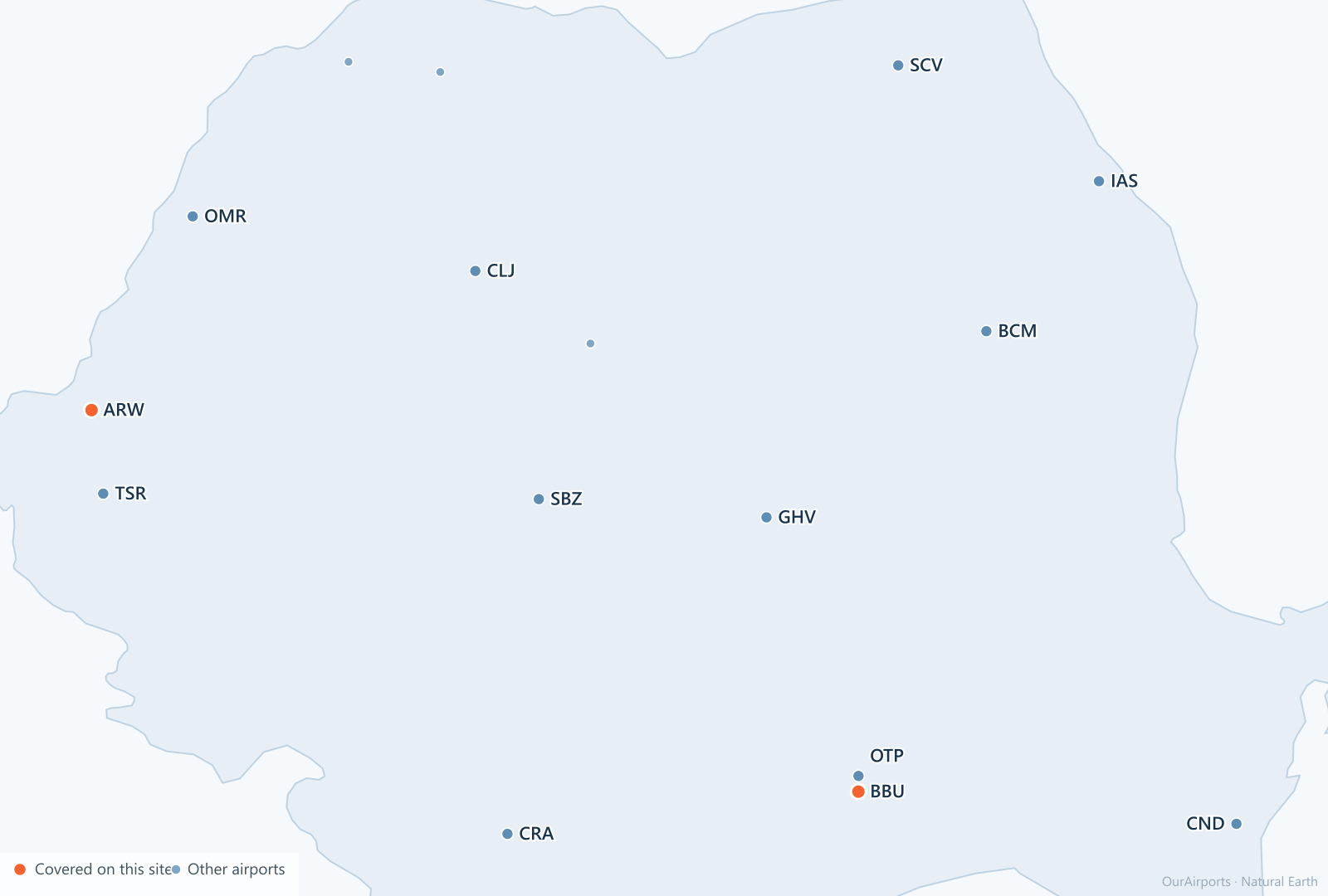 Romania airport distribution map: 16 scheduled airports