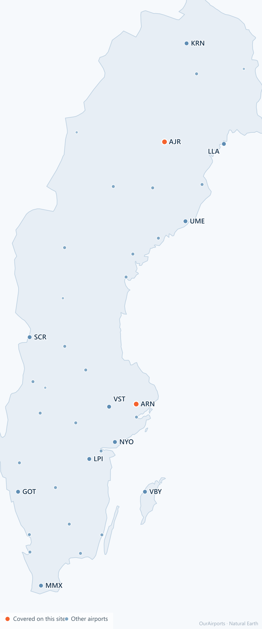 Sweden airport distribution map: 38 scheduled airports