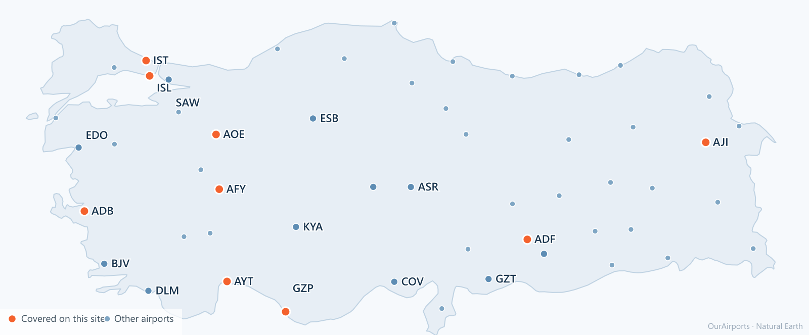 Türkiye airport distribution map: 53 scheduled airports