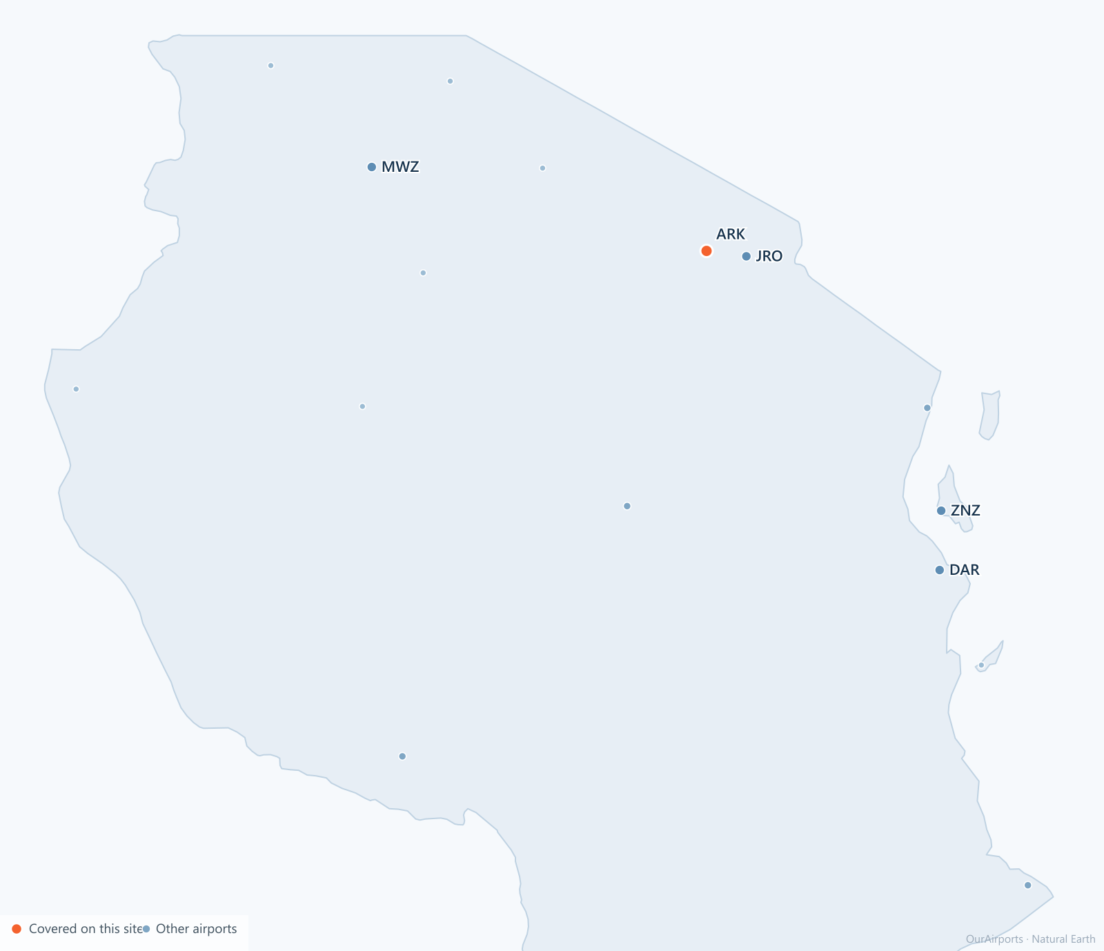 Tanzania airport distribution map: 16 scheduled airports
