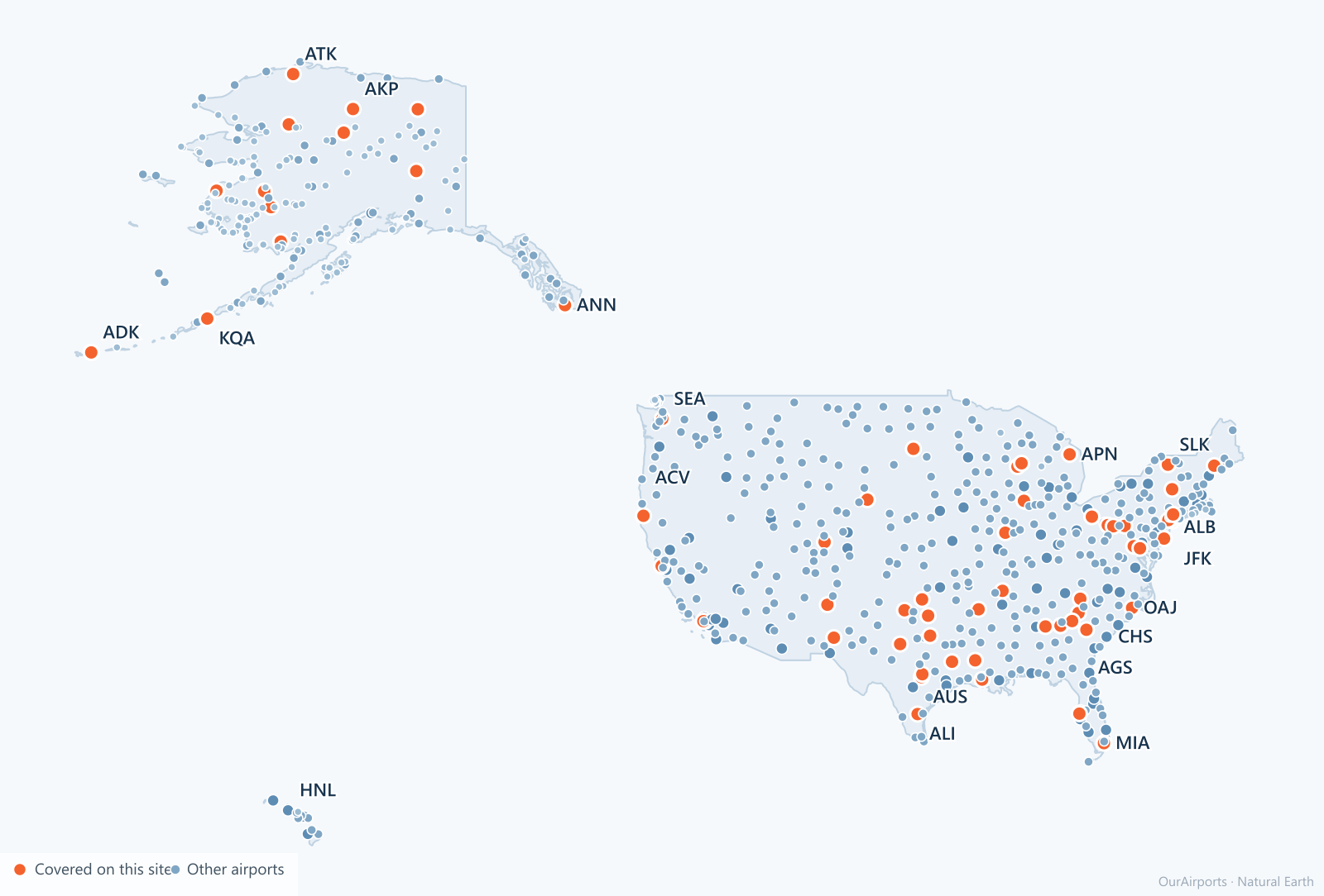 United States airport distribution map: 651 scheduled airports