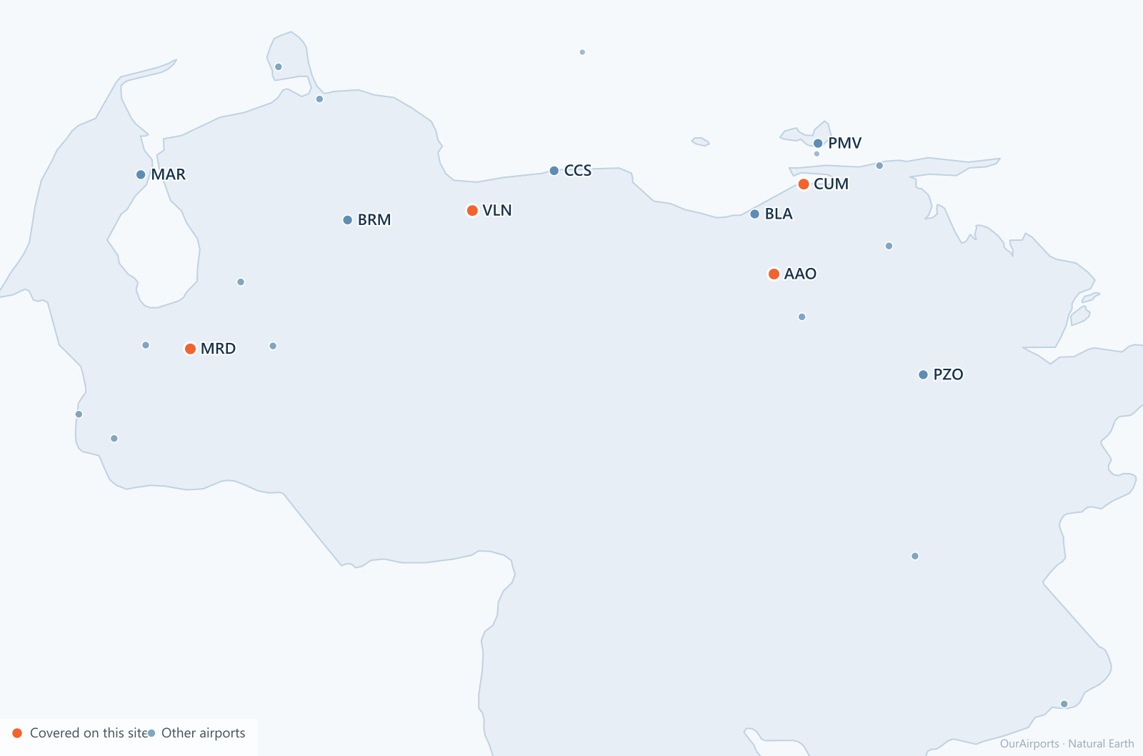 Venezuela airport distribution map: 24 scheduled airports