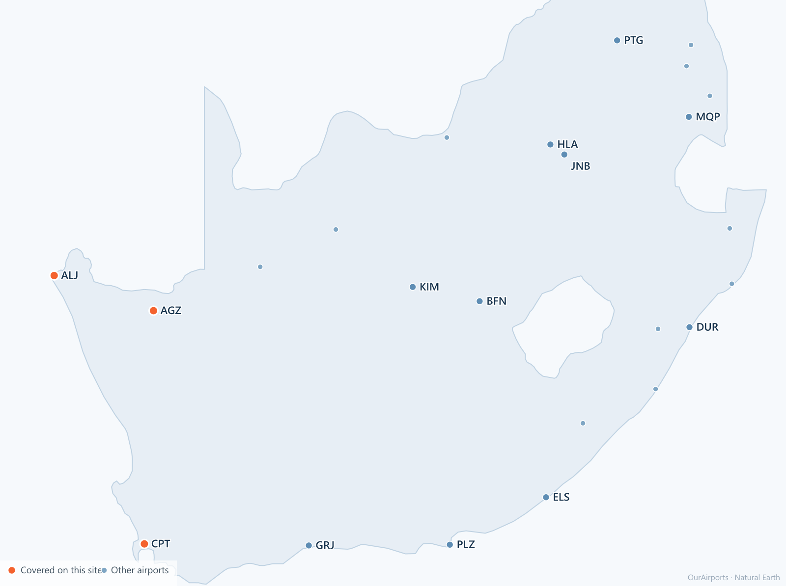 South Africa airport distribution map: 24 scheduled airports