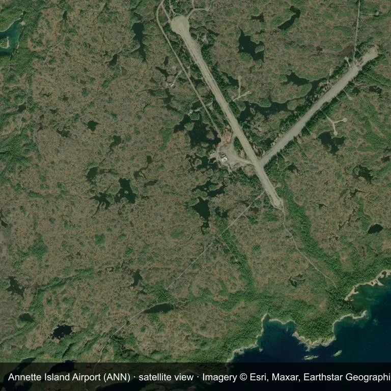 Satellitenansicht des Annette Island Airport (ANN), mit dem Flugfeld zwischen grüner Vegetation und Ackerland.