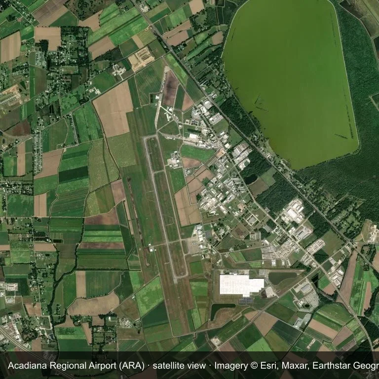 Satellitenansicht: der Acadiana Regional Airport (ARA) zwischen dichter grüner Vegetation und kleinen Feldern.