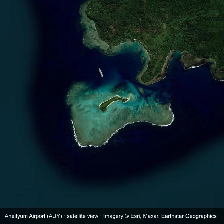 Satellitenansicht: das Flugfeld des Aneityum Airport (AUY), umgeben von Wasser, grüner Vegetation und Ackerland.