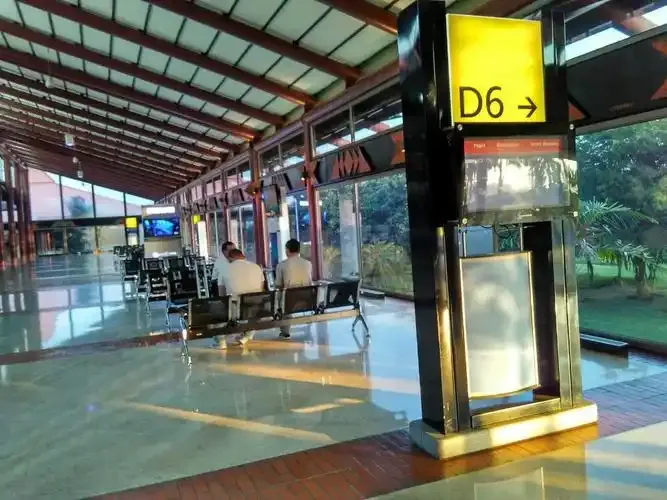 Ein Boarding-Korridor – grüne Träger und Verglasung mit Blick auf tropische Bepflanzung, ein gelbes Schild weist zu Gate D6.