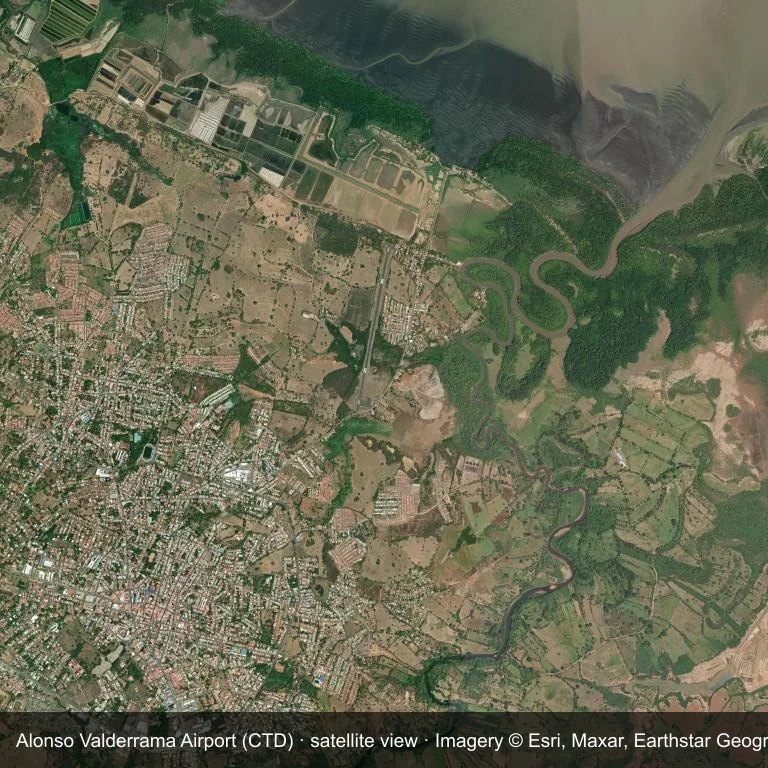 Satellitenansicht: Der Alonso Valderrama Airport (CTD) nimmt ein Stück eines Mosaiks aus Vegetation und offenem Gelände ein.