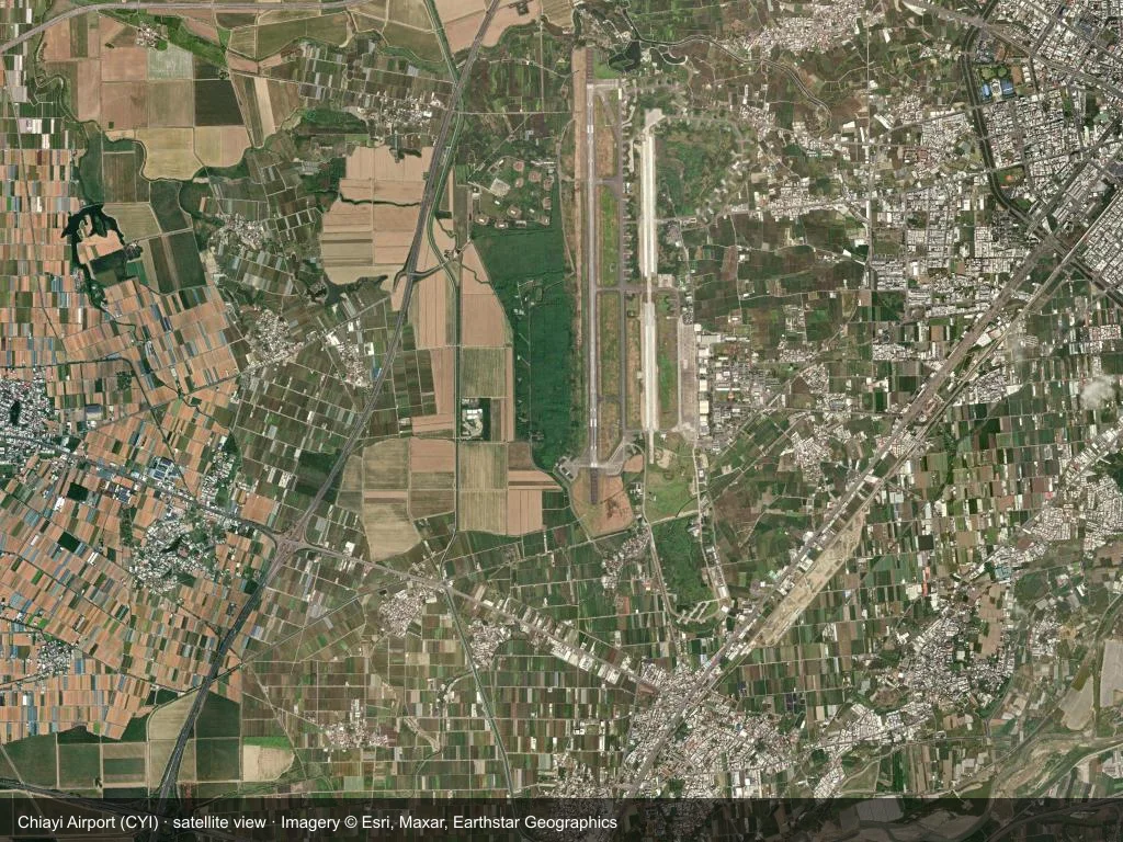 In the satellite image, the layout of Chiayi Airport (CYI) and its surroundings are clearly visible.
