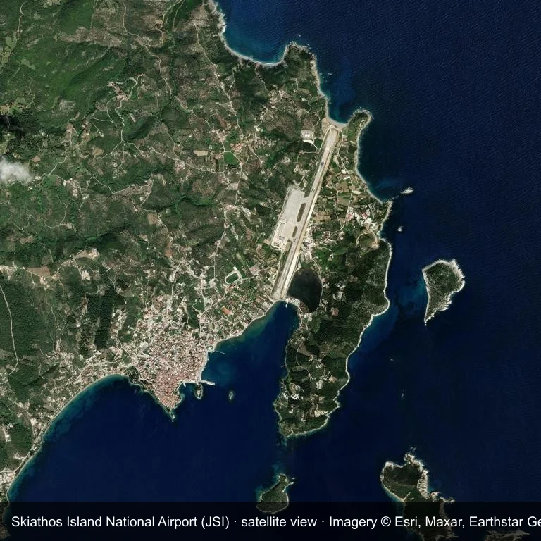Satellitenansicht: Der Skiathos Island National Airport (JSI) ist von Wasser und Küste umgeben.