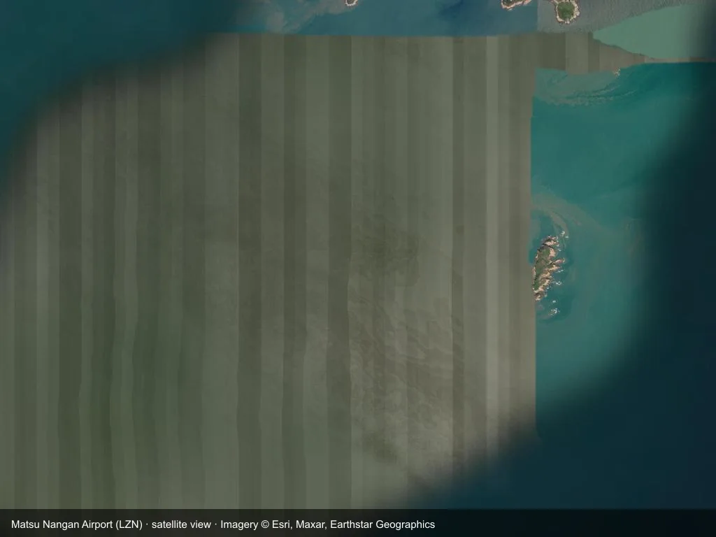 In the satellite image, the layout of Matsu Nangan Airport (LZN) and its surroundings are clearly visible.