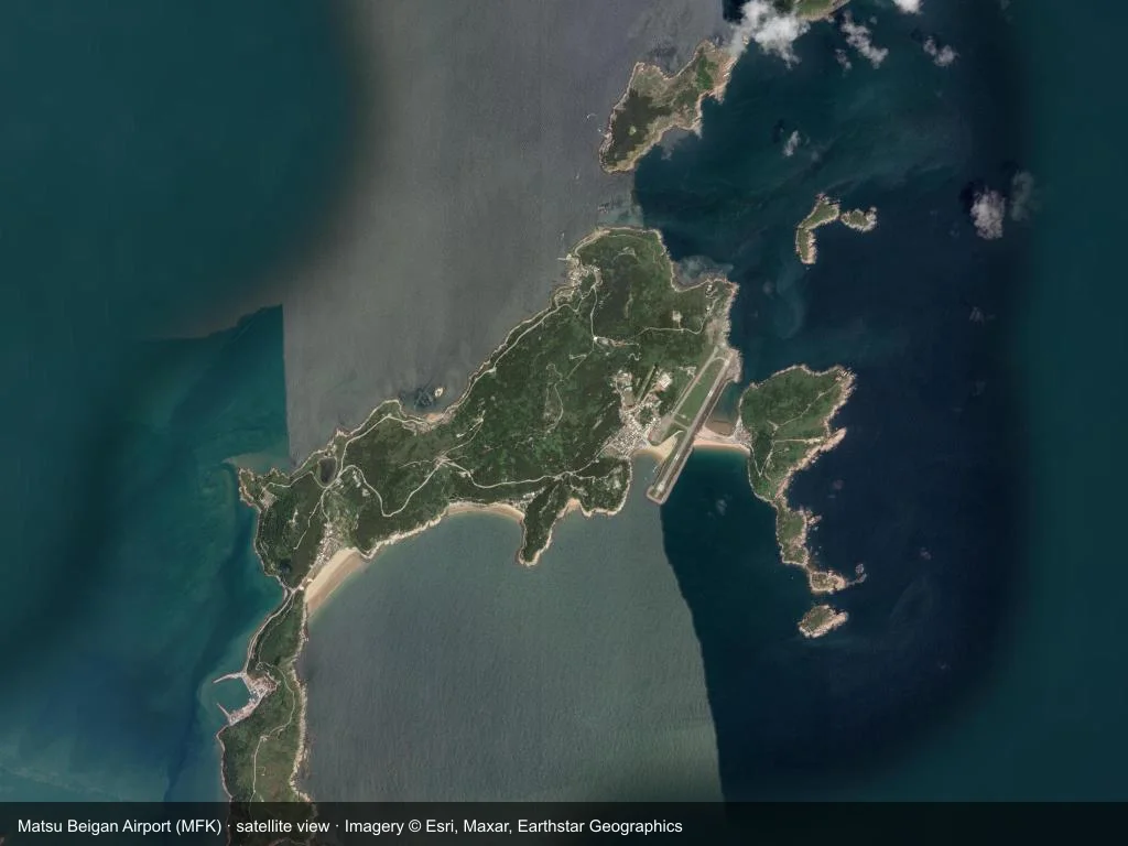 In the satellite image, the layout of Matsu Beigan Airport (MFK) and its surroundings are clearly visible.