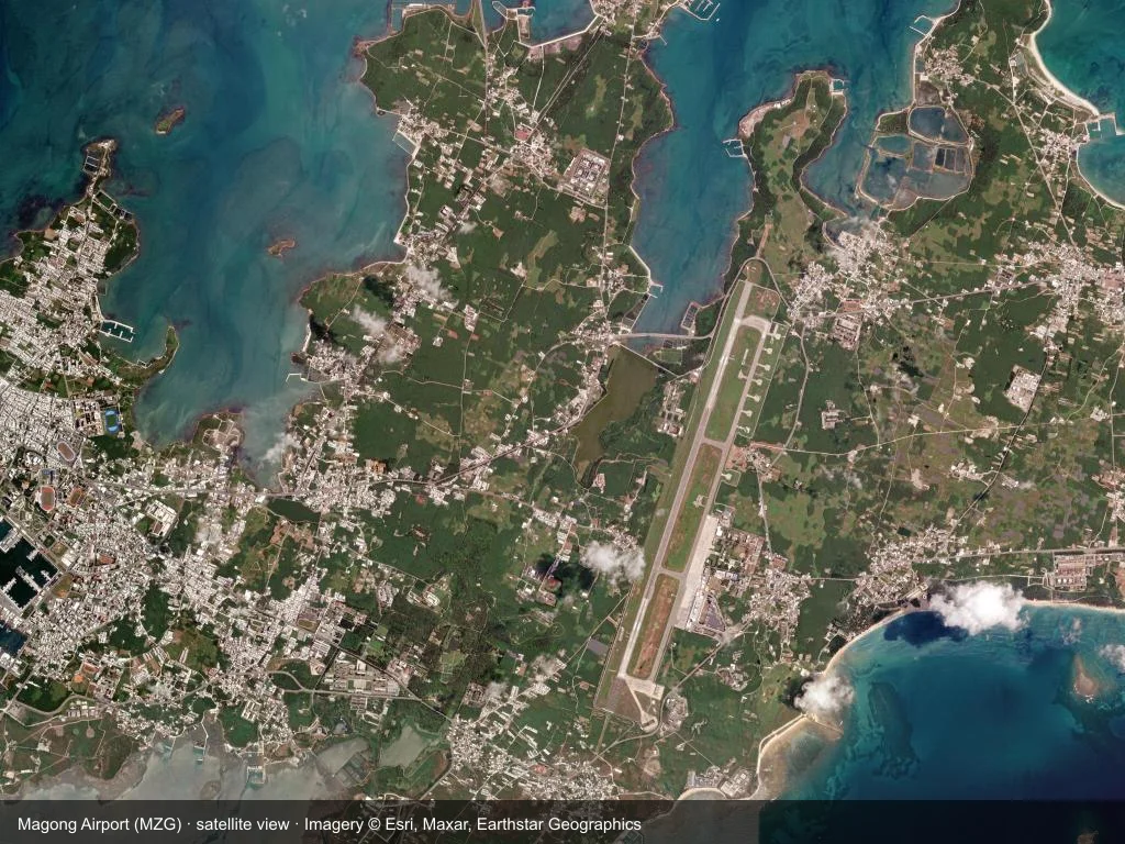 In the satellite image, the layout of Magong Airport (MZG) and its surroundings are clearly visible.