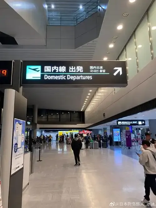 Die Abflughalle für Inlandsflüge in Terminal 1; das Schild zeigt „Domestic Departures“ auf Japanisch, Chinesisch, Koreanisch und Englisch.