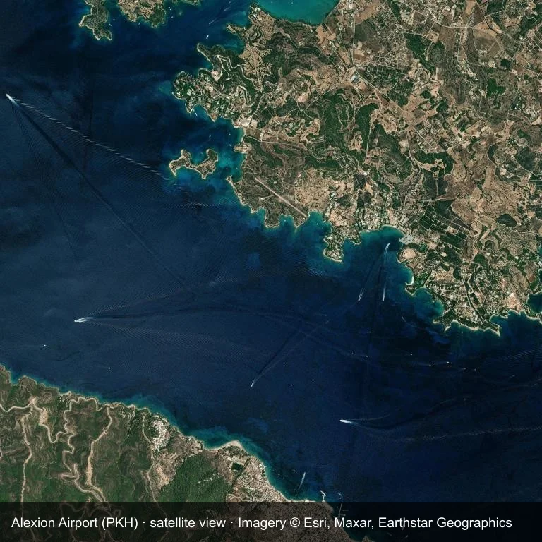Satellitenansicht: Der Alexion Airport (PKH) nimmt einen Teil eines Flickwerks aus Vegetation und offenem Gelände ein.