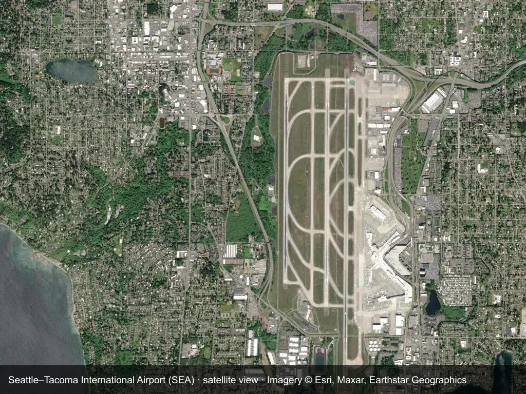 Auf dem Satellitenbild liegen die Terminals und Startbahnen des Flughafens Seattle-Tacoma (SEA) im Stadt- und Straßennetz.