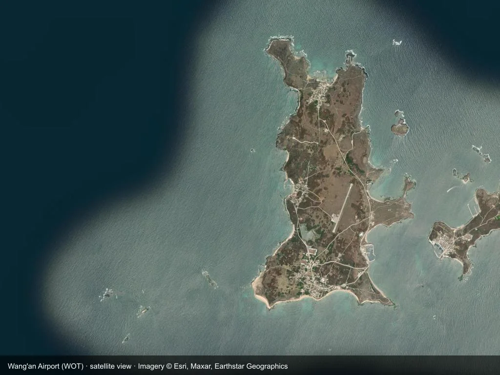 In the satellite image, the layout of Wang'an Airport (WOT) and its surroundings are clearly visible.