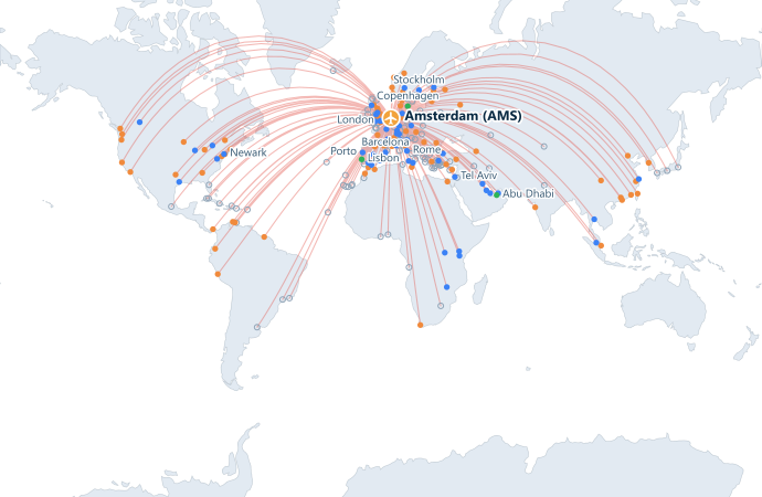 Map of direct routes from Amsterdam Airport Schiphol