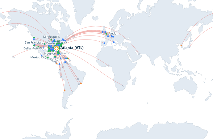 Map of direct routes from Hartsfield–Jackson Atlanta International Airport