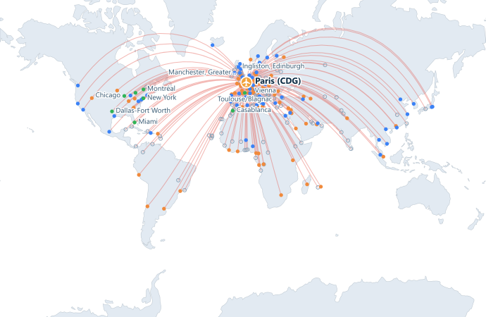 Map of direct routes from Paris Charles de Gaulle Airport