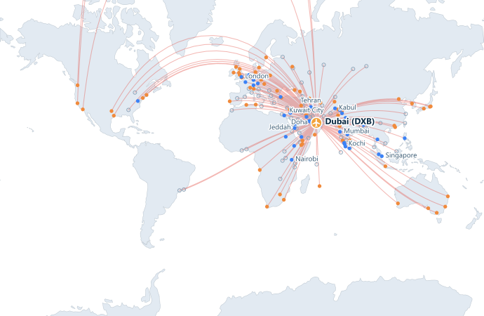 Map of direct routes from Dubai International Airport