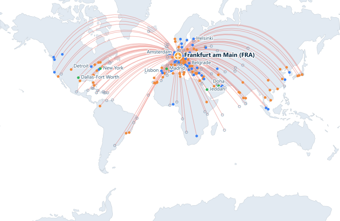 Map of direct routes from Frankfurt Airport