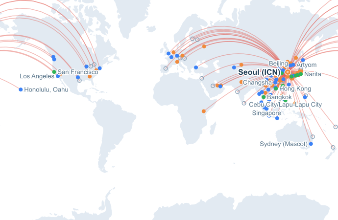 Map of direct routes from Incheon International Airport