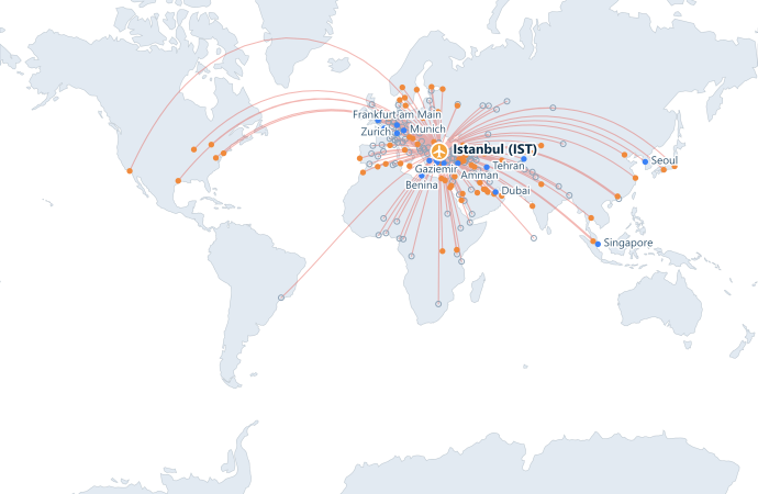 Map of direct routes from Istanbul Airport