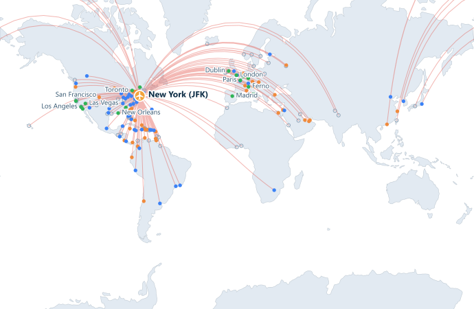 Map of direct routes from John F. Kennedy International Airport