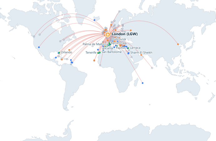Map of direct routes from Gatwick Airport