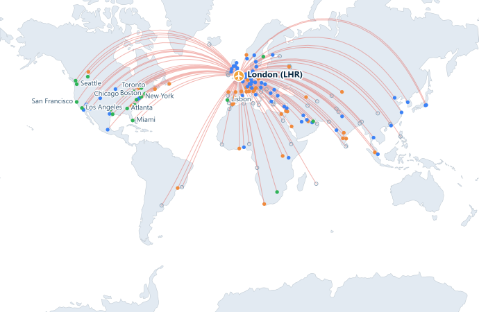 Map of direct routes from Heathrow Airport