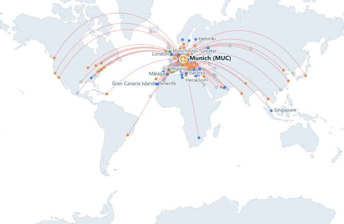 Map of direct routes from Munich Airport