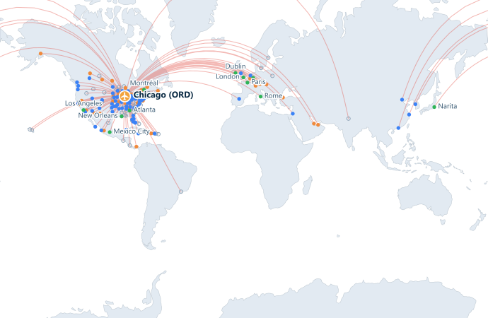 Map of direct routes from O'Hare International Airport