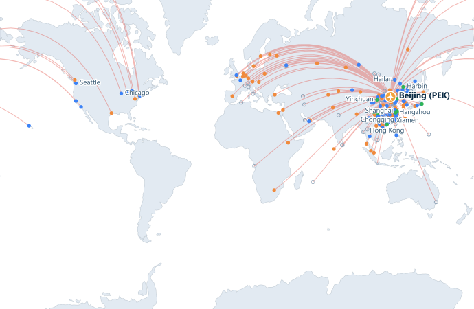 Map of direct routes from Beijing Capital International Airport