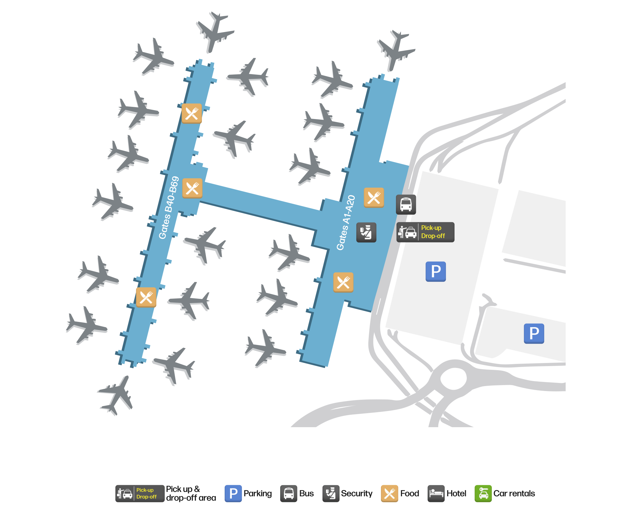 Kansas City International Airport (MCI) terminal map showing all terminals, gate ranges and concourses