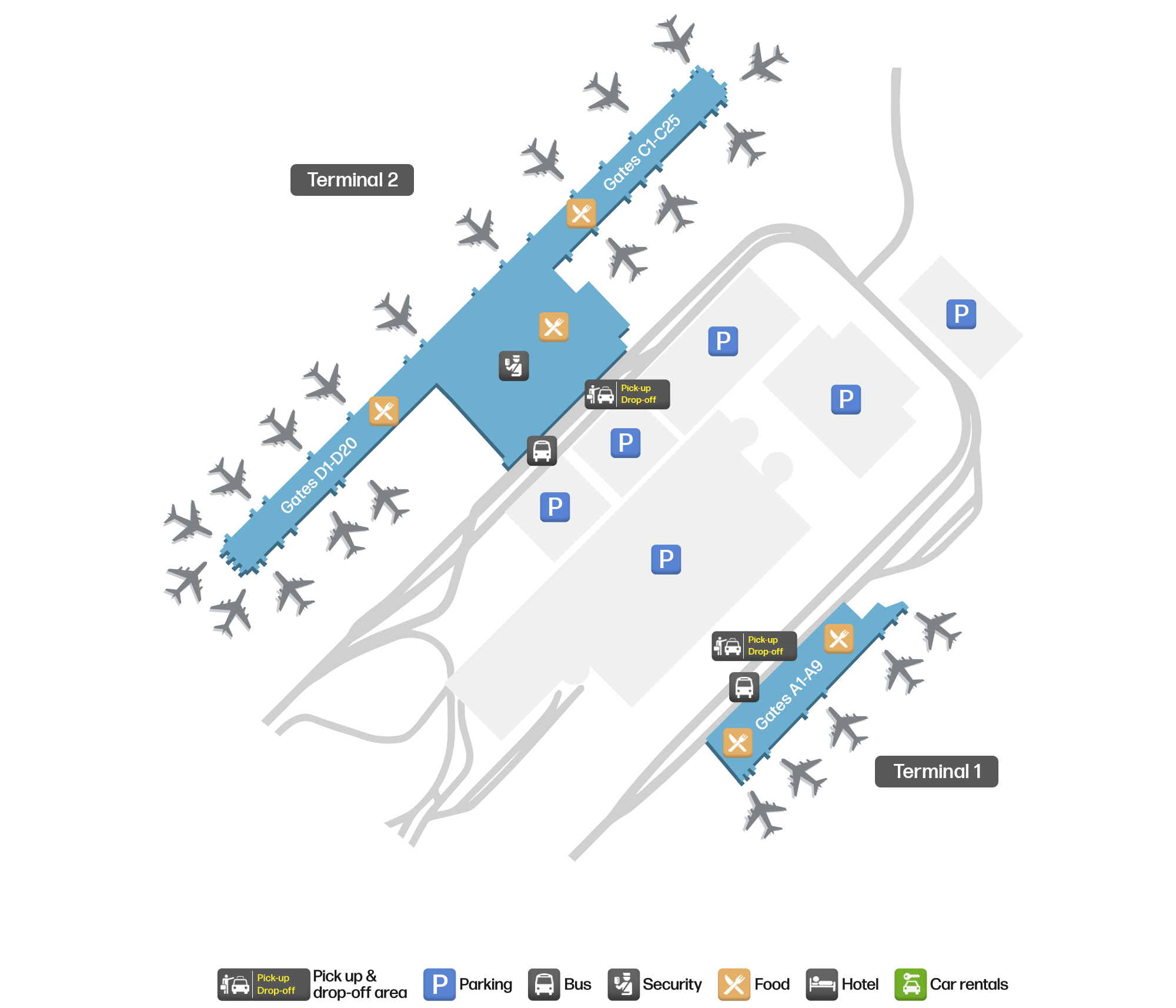 Raleigh-Durham International Airport (RDU) terminal map showing all terminals, gate ranges and concourses